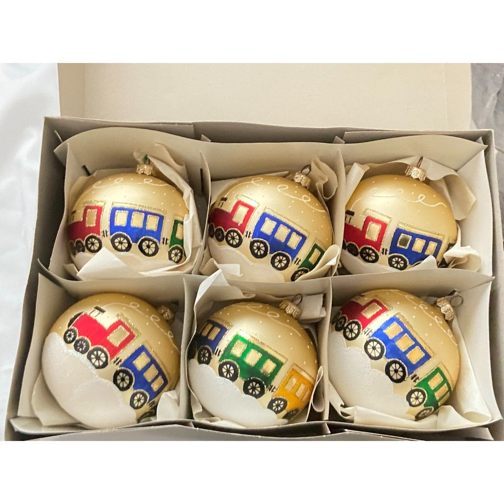 TRAIN Locomotive Glass Hand-Painted MIDWEST CANON FALLS Christmas 6 ORNAMENTS